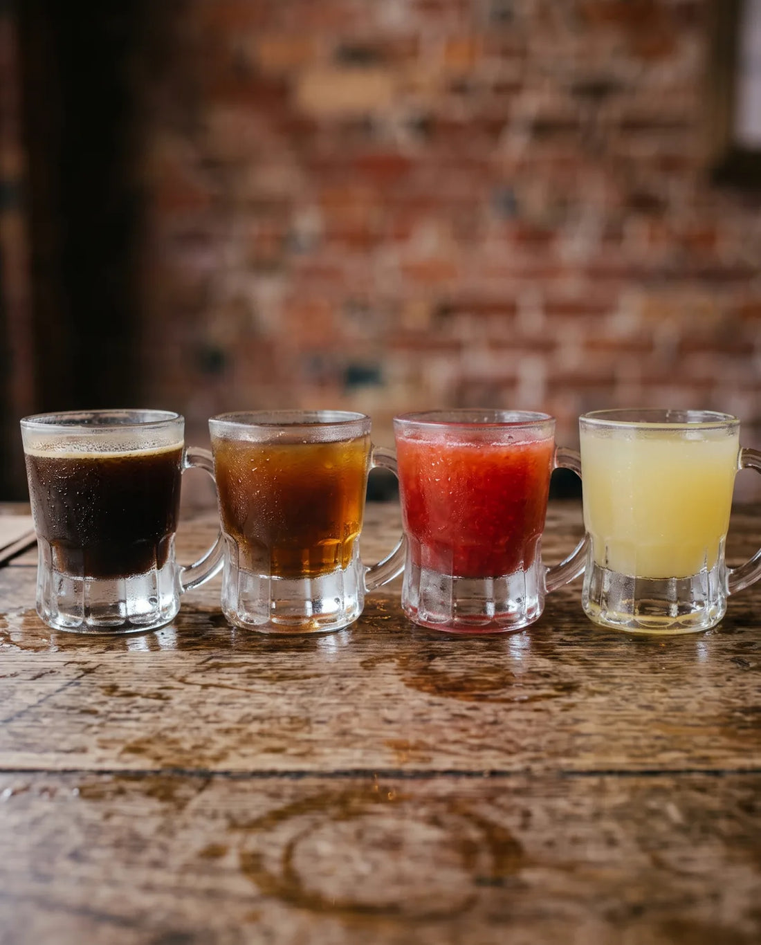 Four Bezalel liqueurs, espresso, date, strawberry and lemon, poured into handled tot glasses on the tasting room counter