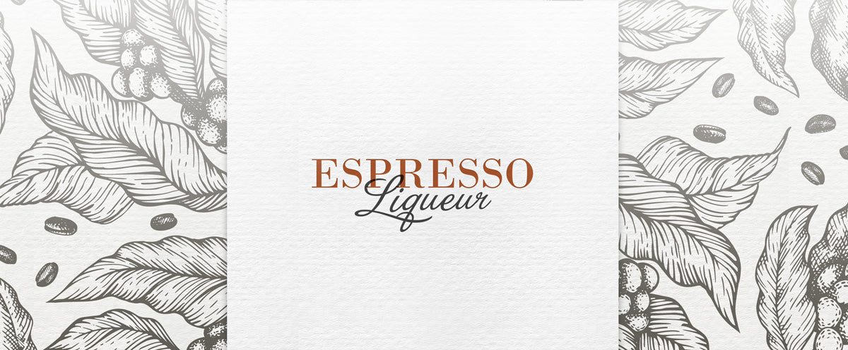 Espresso liqueur branding with hand-drawn coffee beans and leaves on a white background