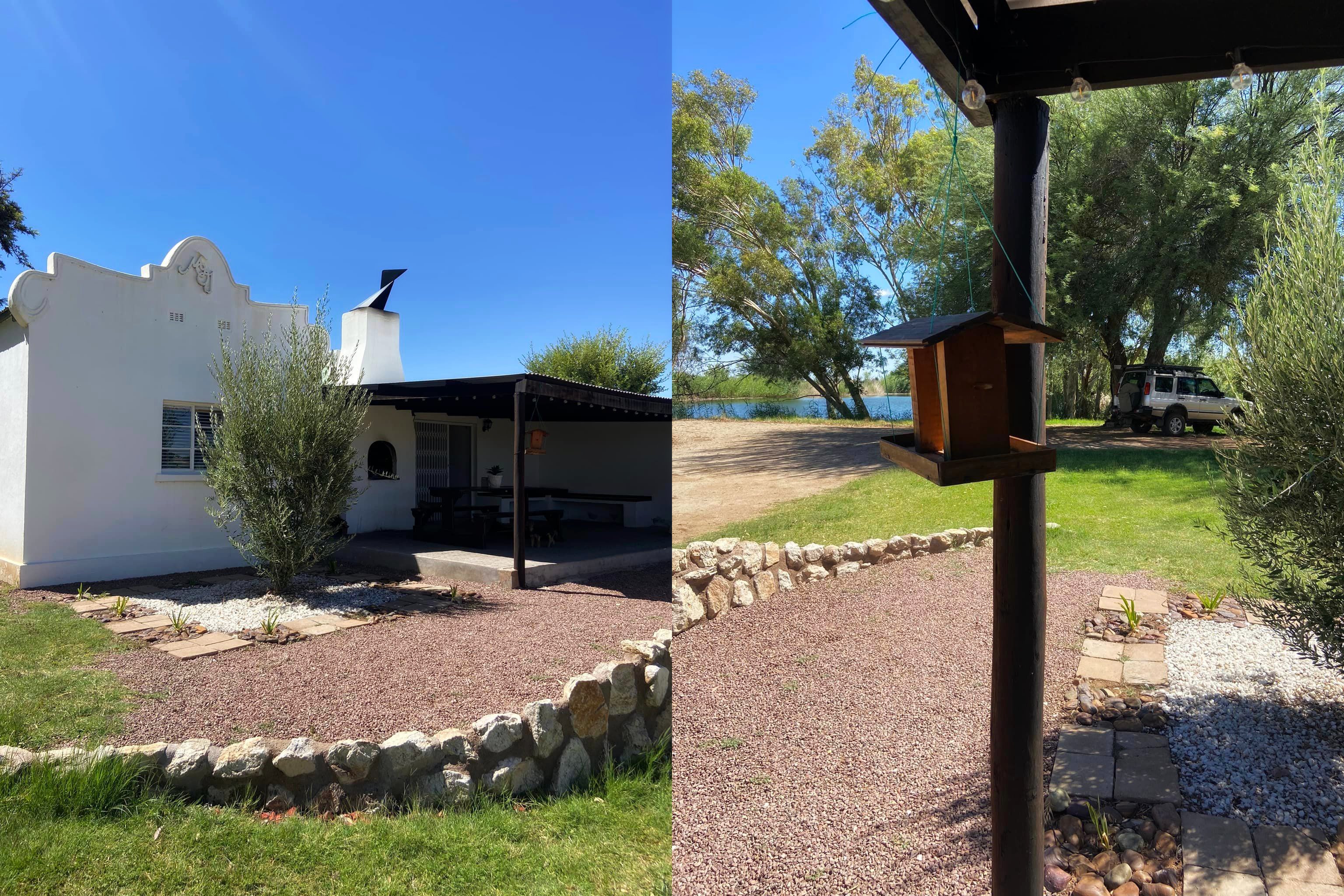 Two images of a white building with a blue sky and trees in the background.