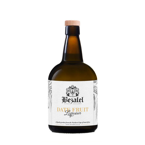 Bottle of Bezalel Date Fruit Liqueur with warm toffee‑coloured liqueur.