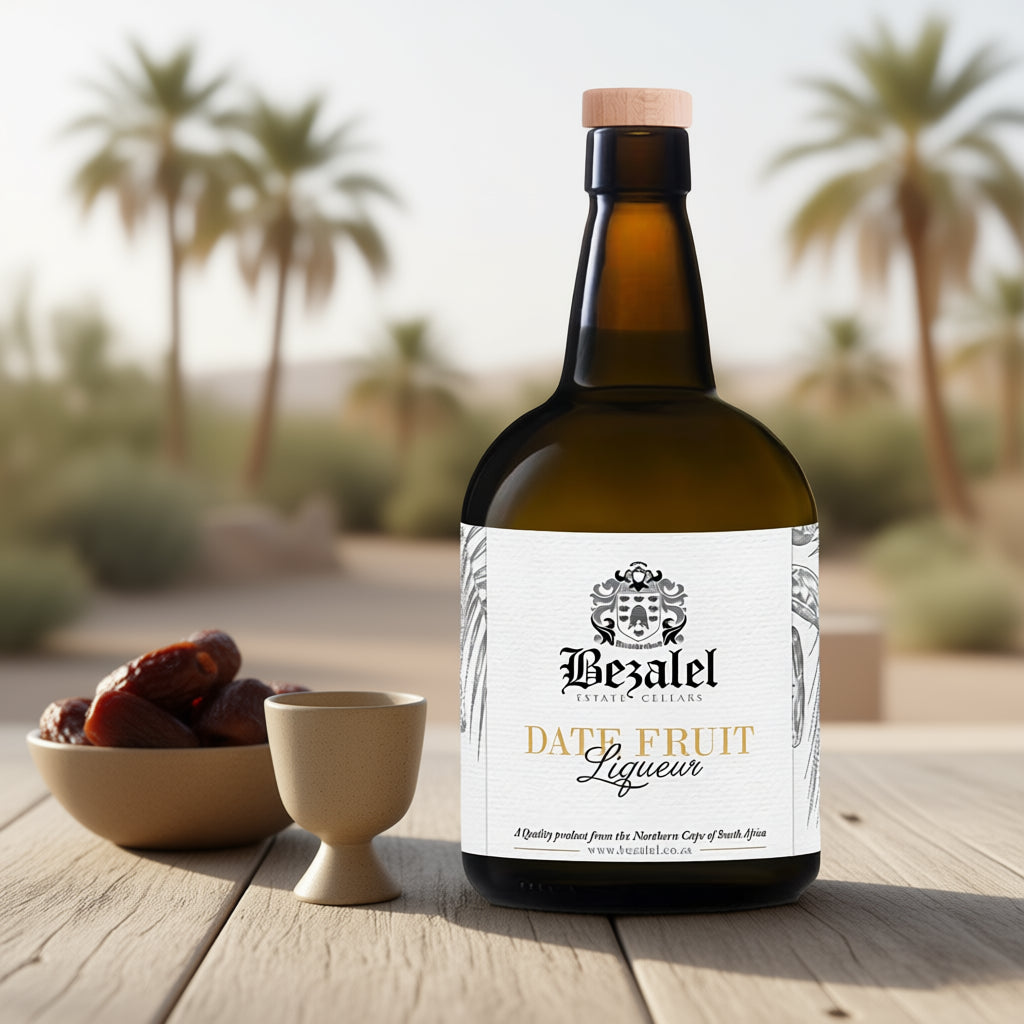 Bottle of Bezalel Date Fruit Liqueur with a bowl of dates on a wooden table with palm trees in the background.