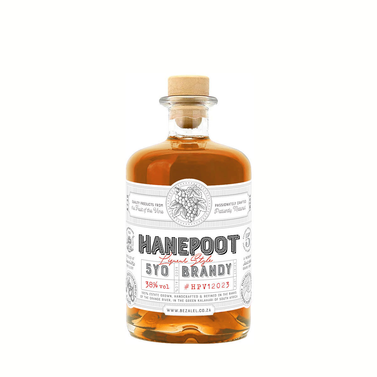 Elegant bottle of Bezalel Hanepoot Brandy with warm golden tones.