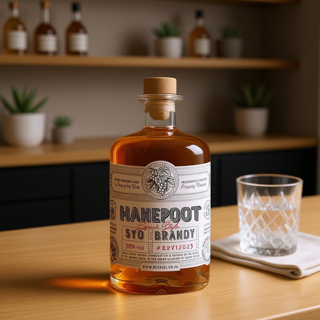 Bottle of Bezalel Estate Hanepoot Potstill Brandy from South Africa on a bar counter
