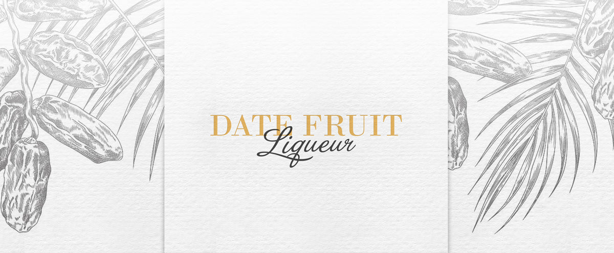 Date fruit liqueur label with hand-drawn dates and leaves on a white background