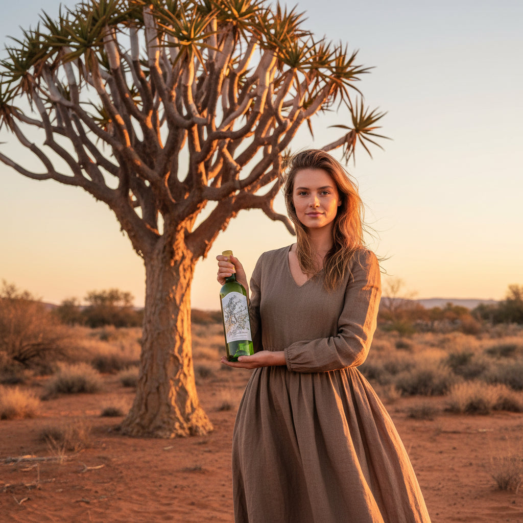 Bezalel Estate Kokerboom Semi-sweet white wine in front of a Quiver tree in the Green Kalahari.