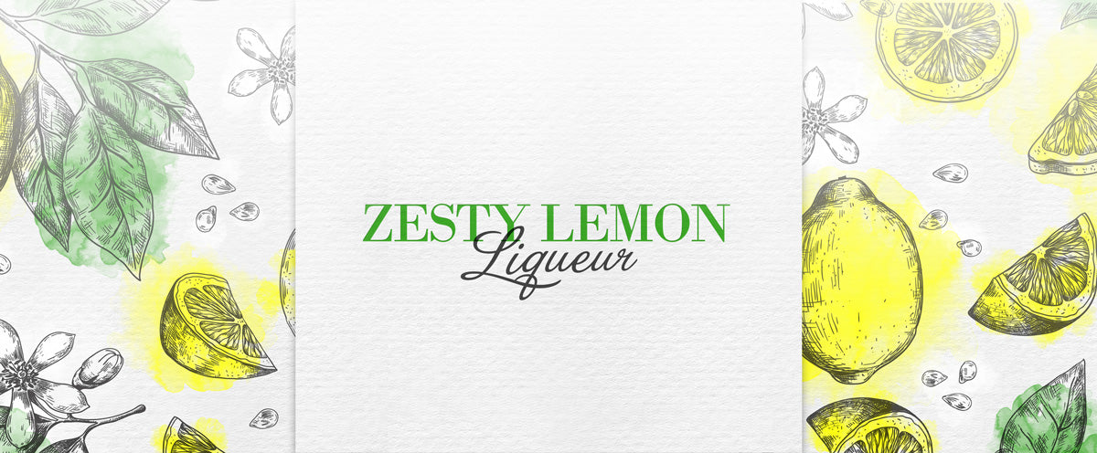 Zesty Lemon Liqueur branding with lemon slices and leaves on a white background