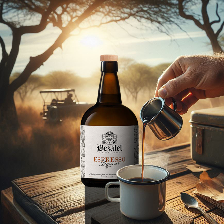 Bottle of Bezalel Espresso Liqueur with a cup and pouring action against a scenic bush safari background