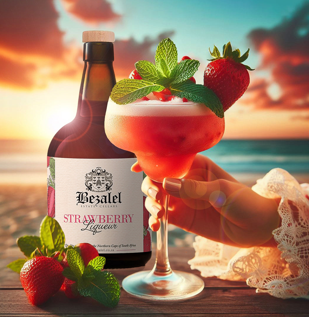 Bezalel Strawberry liqueur bottle with a glass of strawberry cocktail on a beach at sunset.