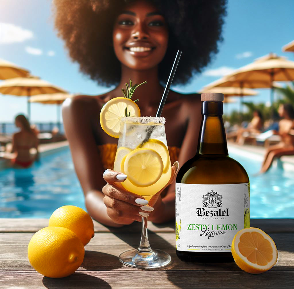 Woman holding a cocktail with lemons by a pool, next to a bottle of Bezalel Zesty Lemon Liqueur.