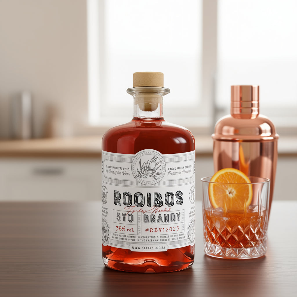 Bottle of truly South African Bezalel Estate Rooibos Wooded Potstill Brandy with cocktail shaker and mixer