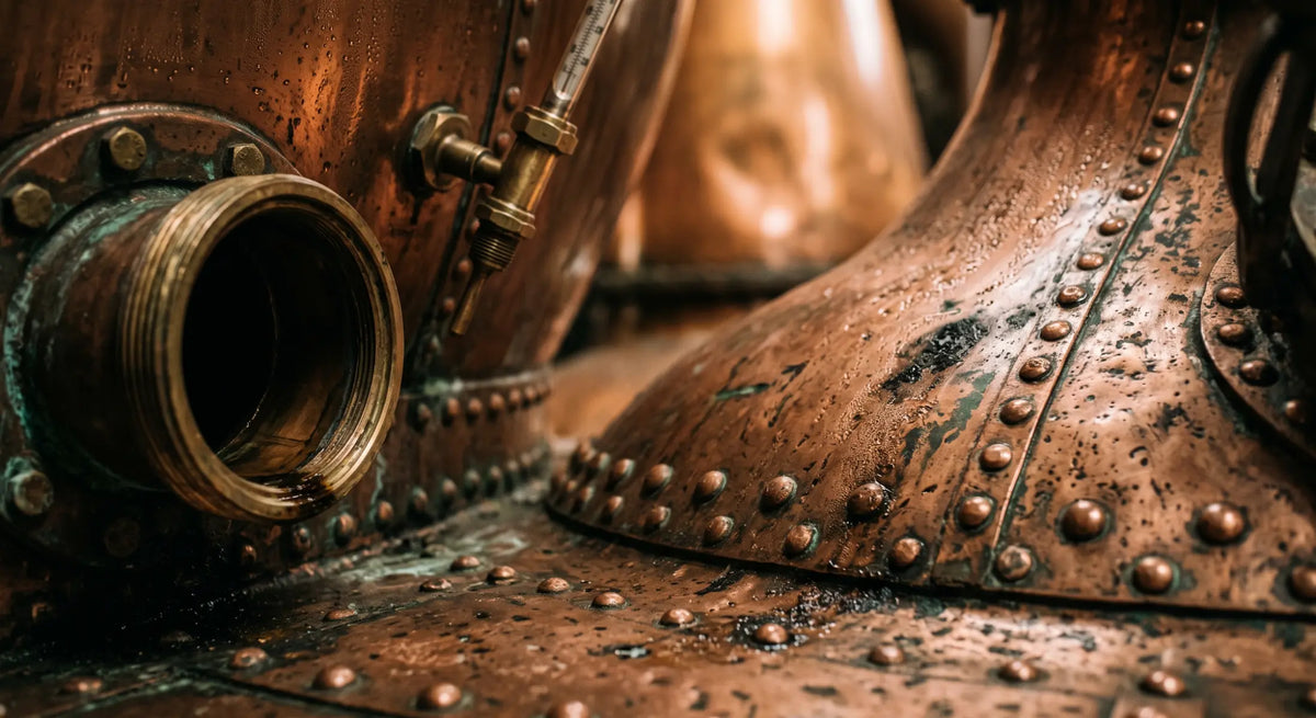 The copper potstill inside the Bezalel Estate distillery
