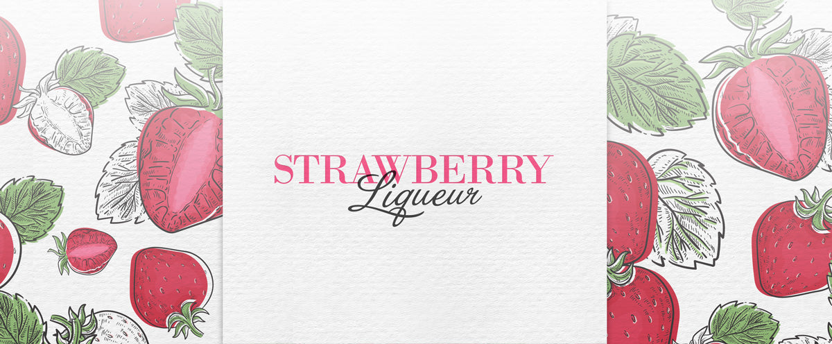 Label design with strawberries and mint leaves, featuring the text 'Strawberry Liqueur'.
