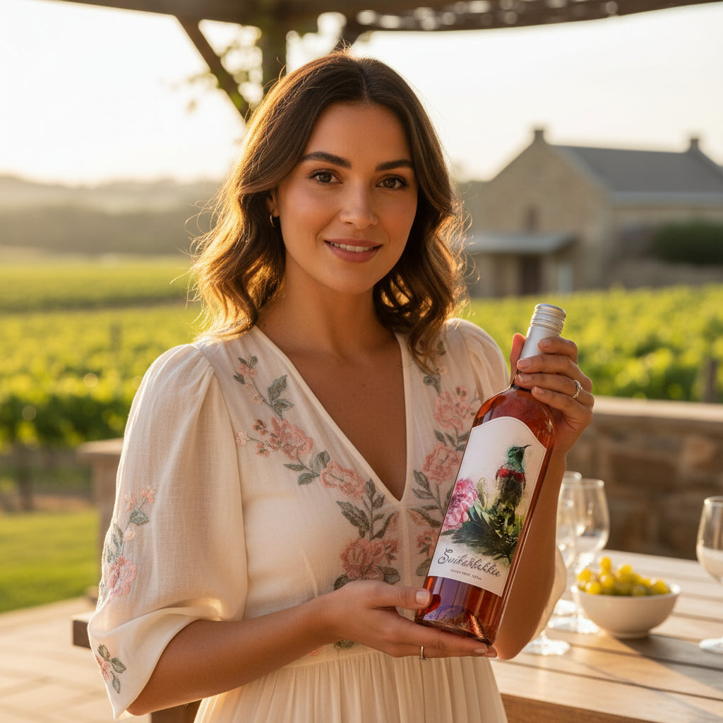 Bezalel Estate Suikerbekkie Sweet Rosé wine in a vineyard setting in the Northern Cape.