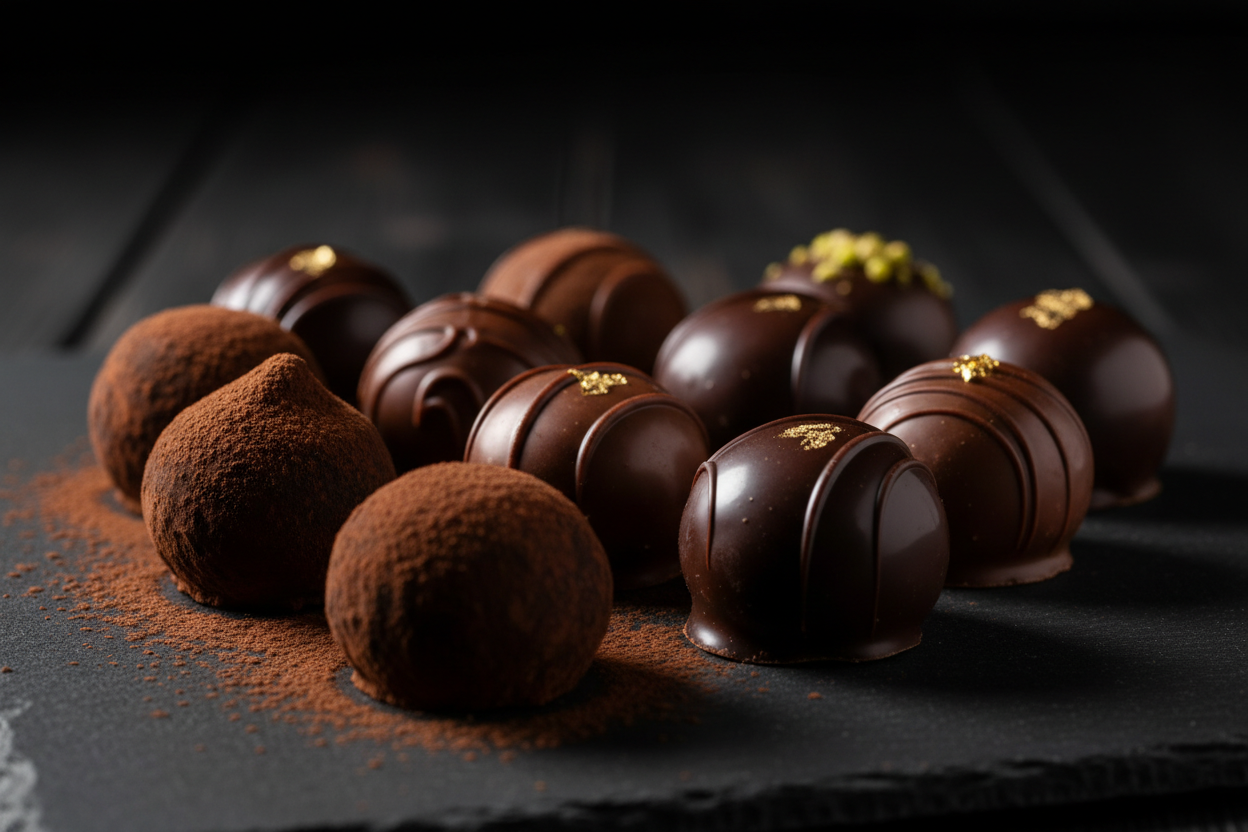 close up of chocolate truffles on a dark background