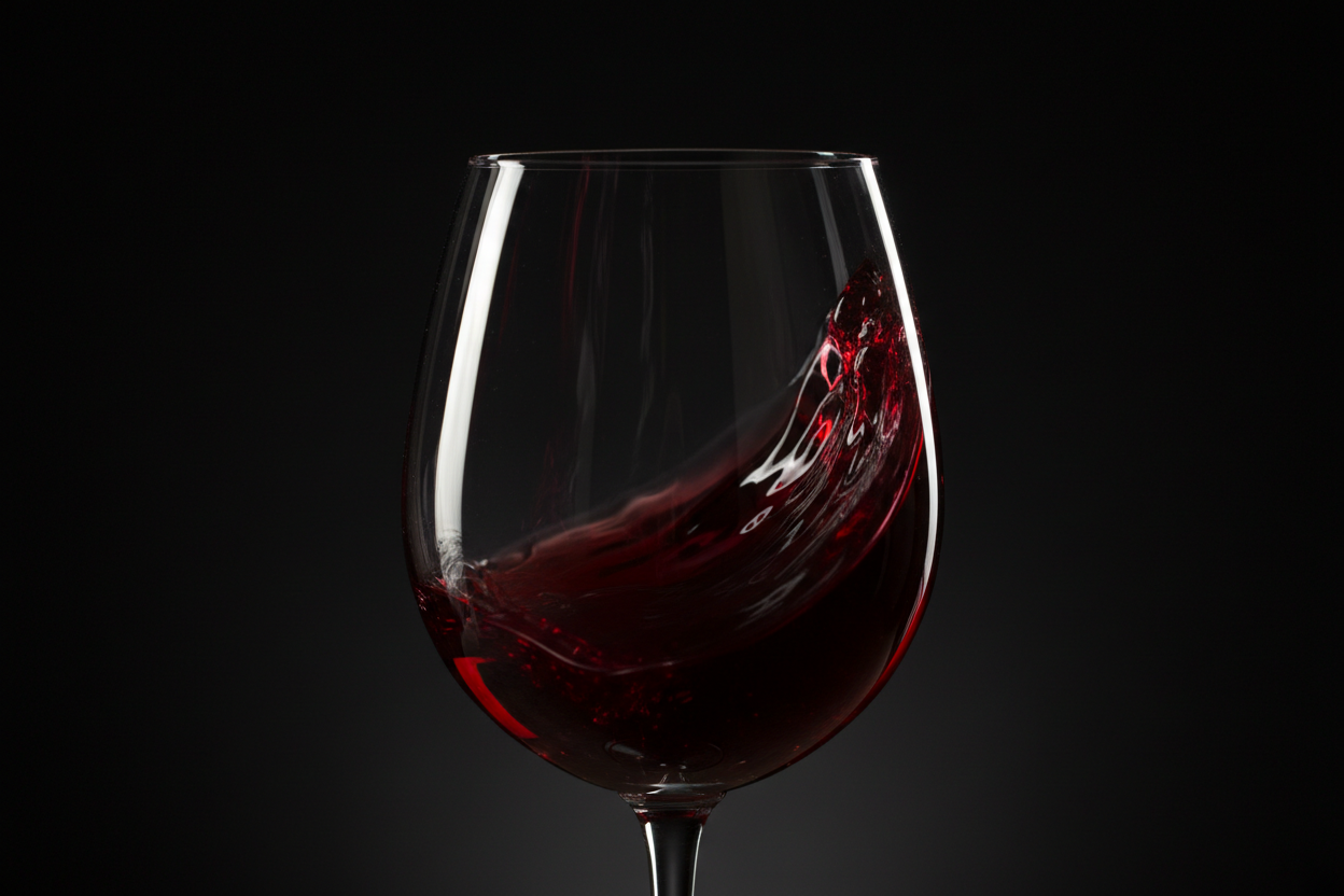 close up of red wine being swirled in a glass on a dark background