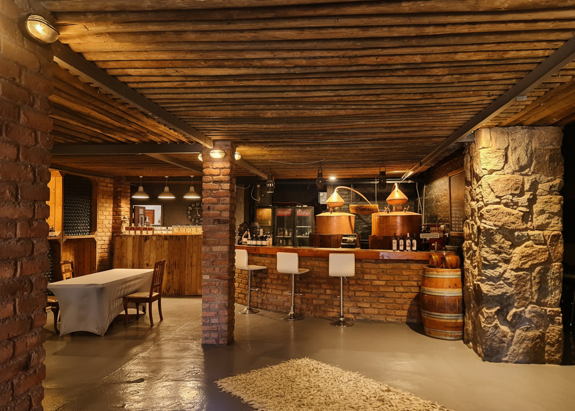 Modern wine cellar with wooden beams, stone walls, and distillery.