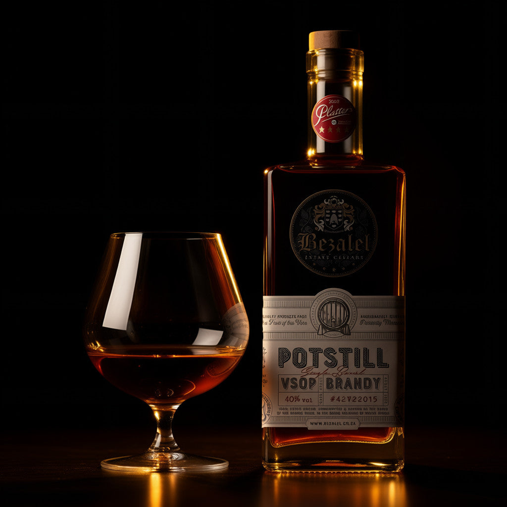 Bottle of Bezalel VSOP Potstill Brandy and glass from South Africa