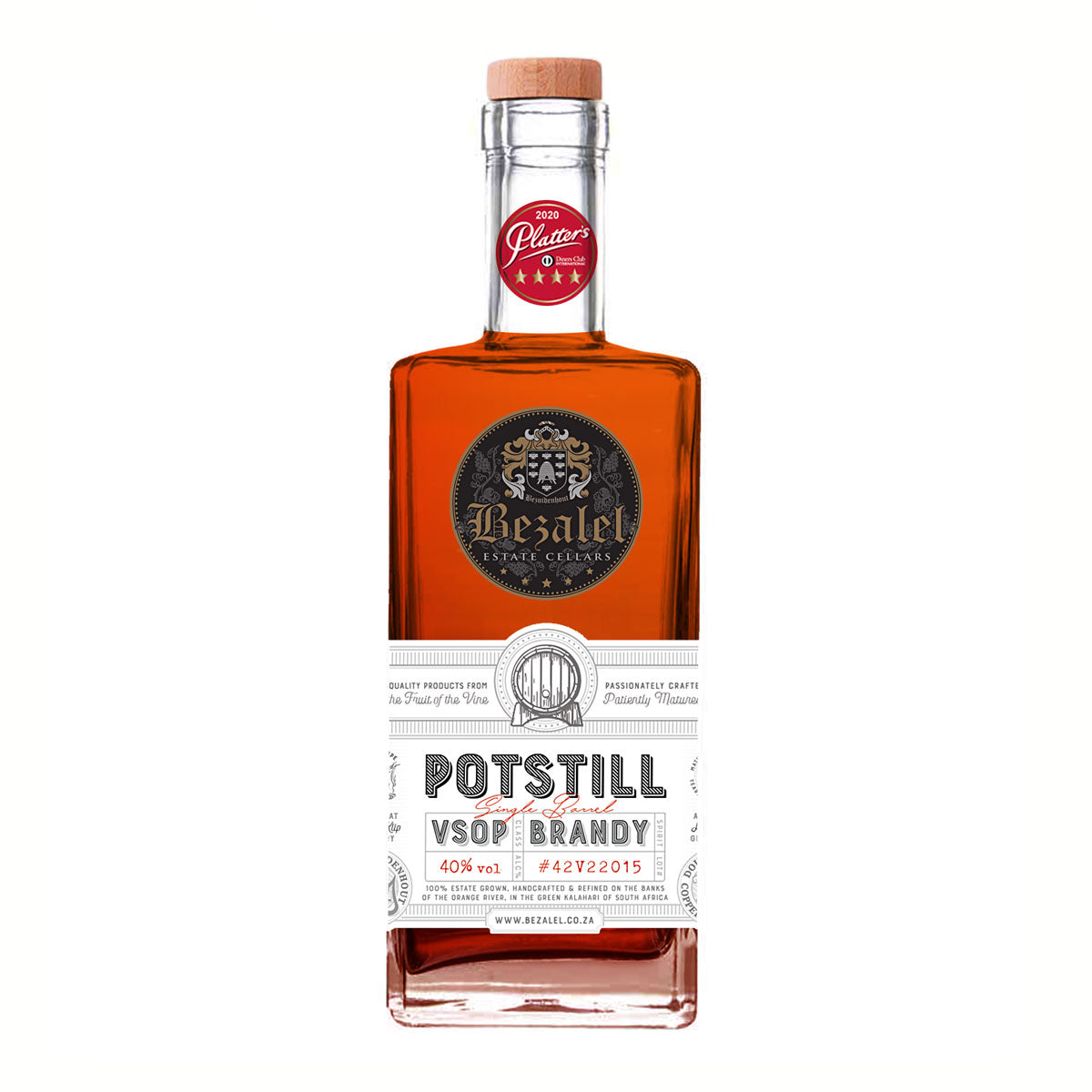 Bottle of Bezalel VSOP Potstill Brandy with premium French oak aged branding.