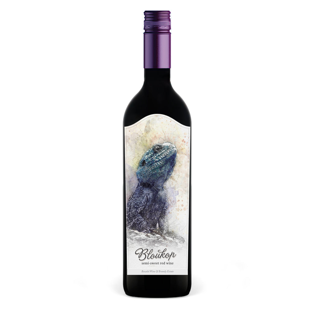 Bottle of Bloukop Semi‑Sweet Red Wine with a label featuring a lizard on a white background