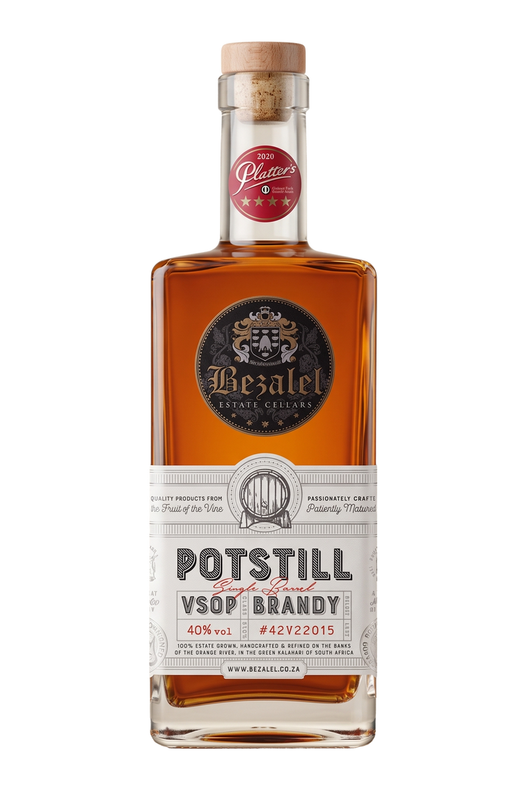 A bottle of Bezalel Potstill Original VSOP Brandy with a natural cork stopper, featuring a white and black label with red accents, set against a plain white background.