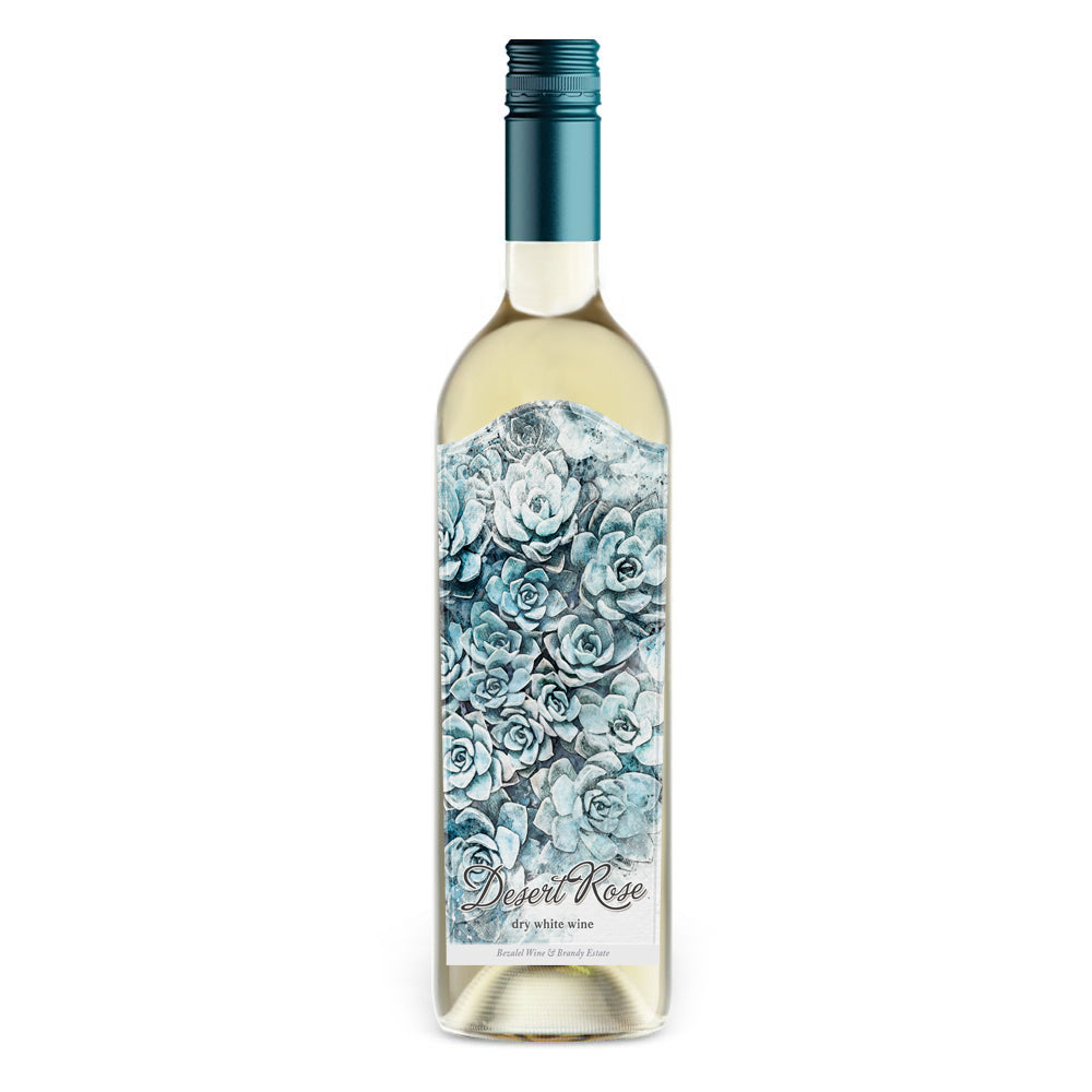 Bottle of Desert Rose Dry White Wine with a decorative label featuring succulents on a white background