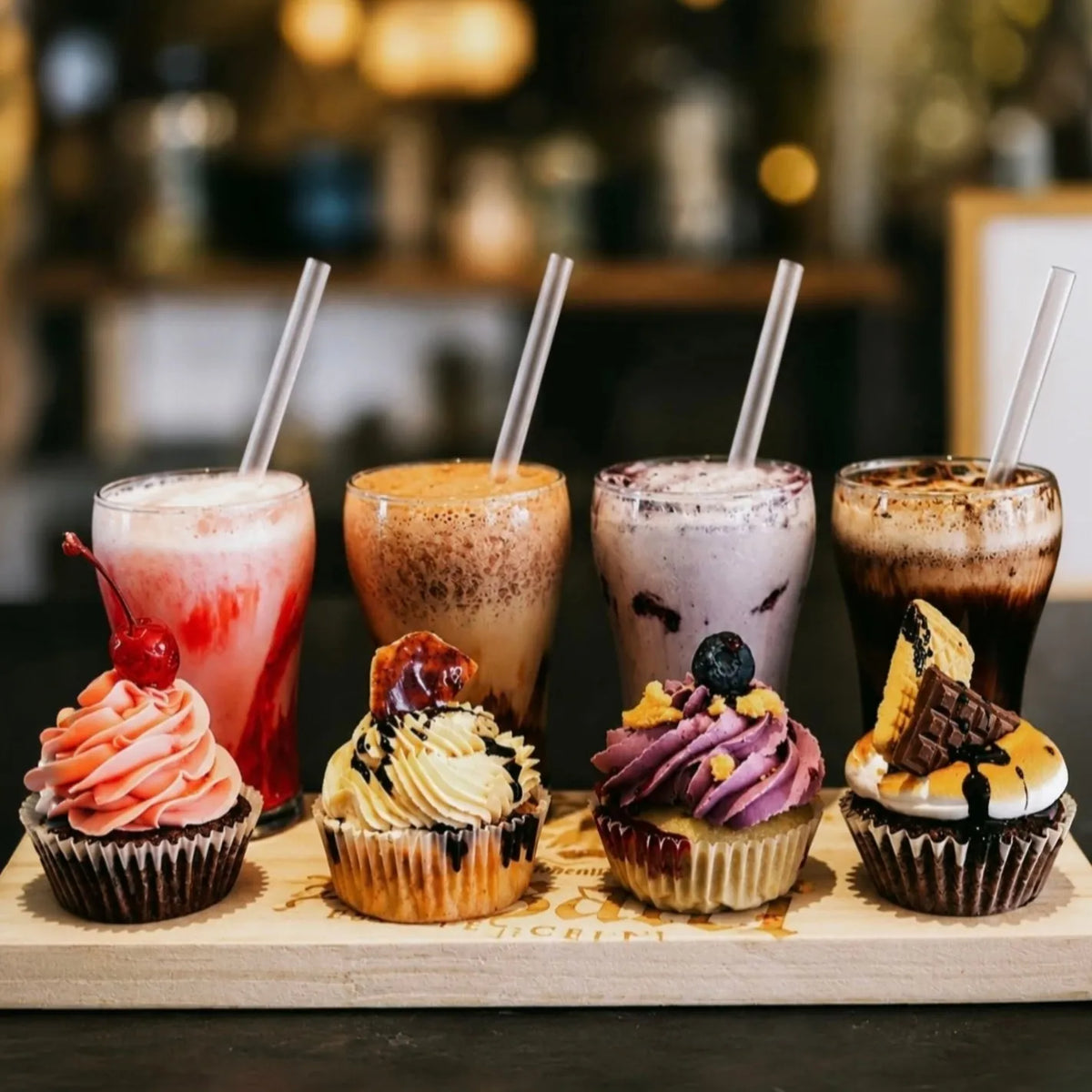 A food and beverage presentation on a wooden board featuring six assorted cupcakes and six milk drinks with straws, set against a blurred bar or cafe background.