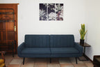 Blue sofa in a room with a wooden door, small table with a plant, and wall art.