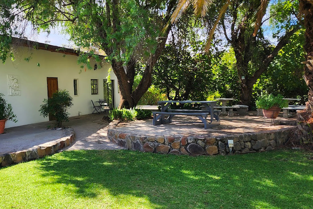 Outdoor setting with a stone bench, trees, and a building in the background