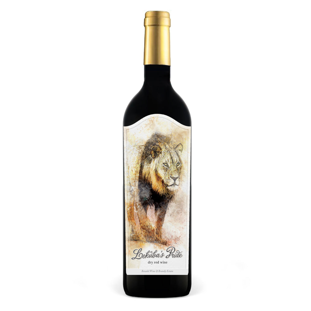 Bottle of Lekuba’s Pride Dry Red Wine with a lion illustration on the label against a white background