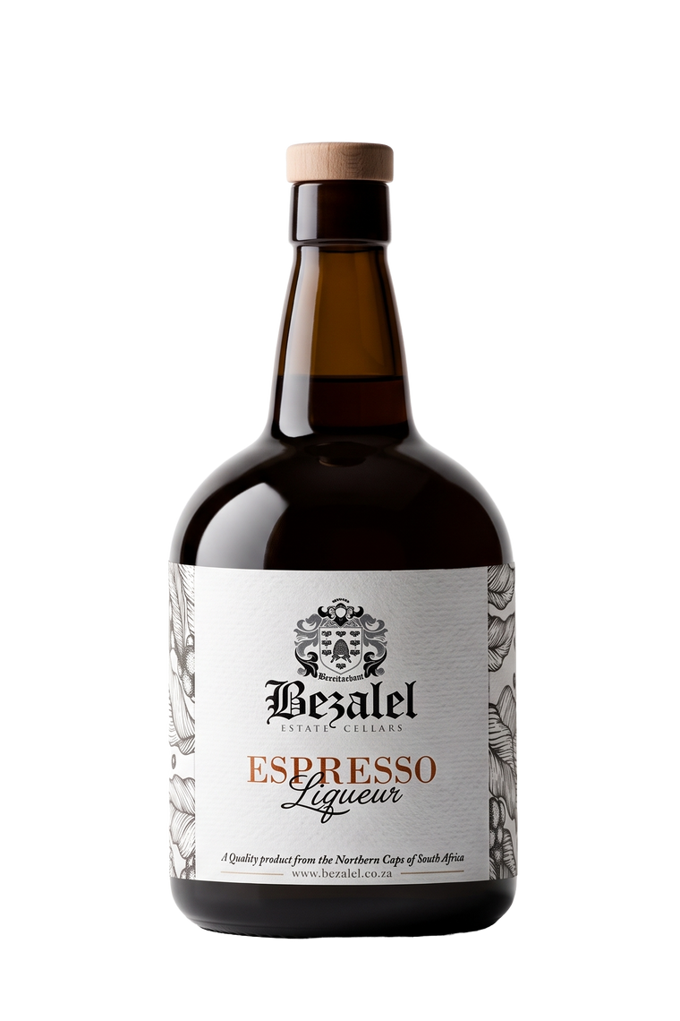 A bottle of Bezalel Estate Espresso Liqueur, featuring a dark brown glass bottle with a light wood cap and a white label with black and gold text.