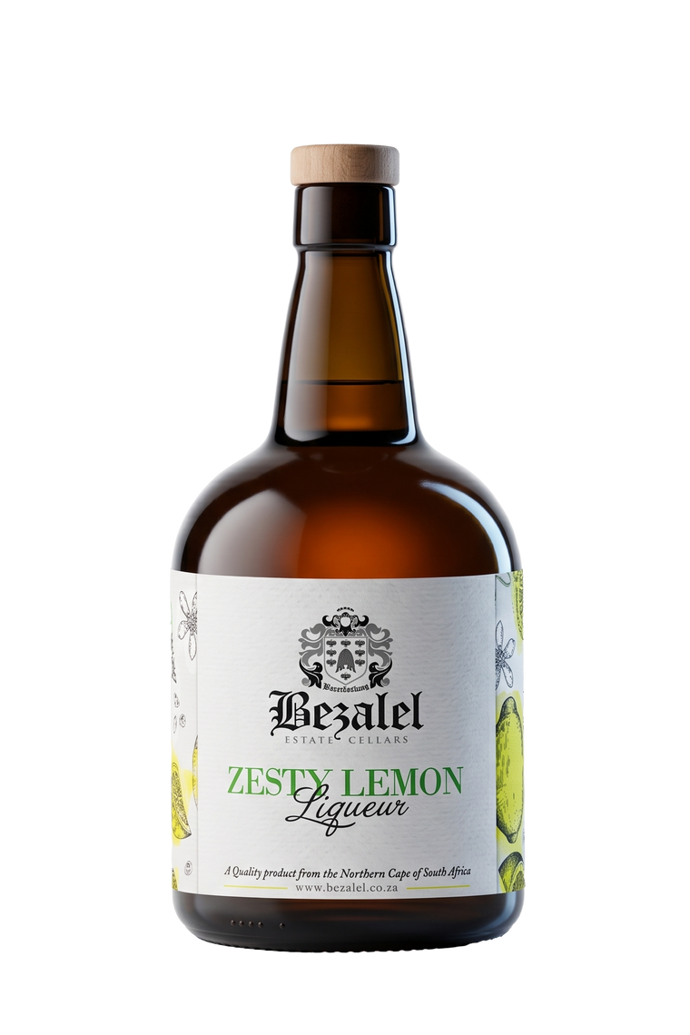 A bottle of Bezalel Zesty Lemon Liqueur on a solid white background. The bottle is made of dark amber glass, sealed with a light wood cap, and features a white label with green and black text and illustrations of lemons.