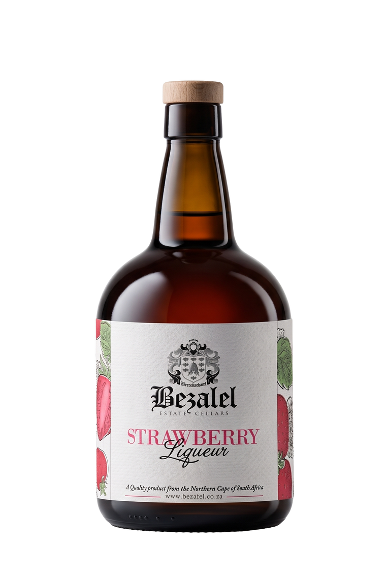 A bottle of Bezalel Strawberry Liqueur on a solid white background. The bottle is made of dark amber glass, has a light wood-toned cap, and a white label with red strawberry illustrations and black and pink text.