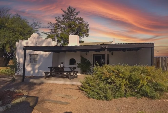 Sunset over the farmhouse at Bezalel Estate near Upington in the Northern Cape