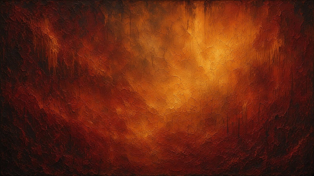 An abstract textured painting featuring a dramatic gradient of fiery orange, golden yellow, and deep reddish-brown tones with dark, almost black, edges.
