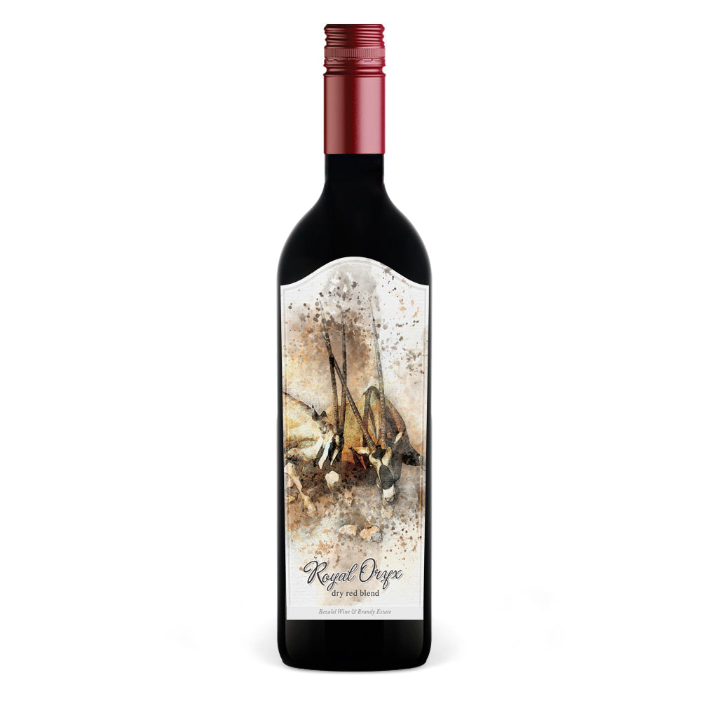 Wine bottle with a decorative label featuring a pair of Oryx.
