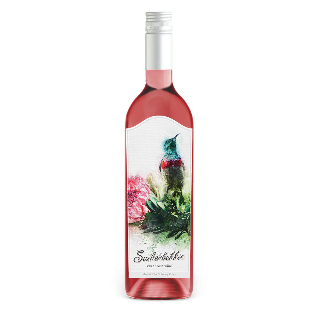 Bottle of Suikerbekkie Natural Sweet Rosé with soft pink hue with a colorful label featuring a bird and flowers on a white background