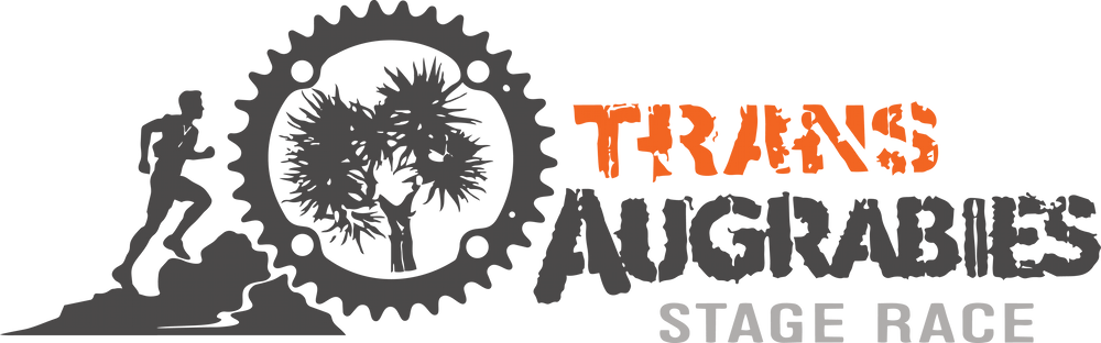 Logo of Trains Augrabies Stage Race with a running person, trees, and gear design.