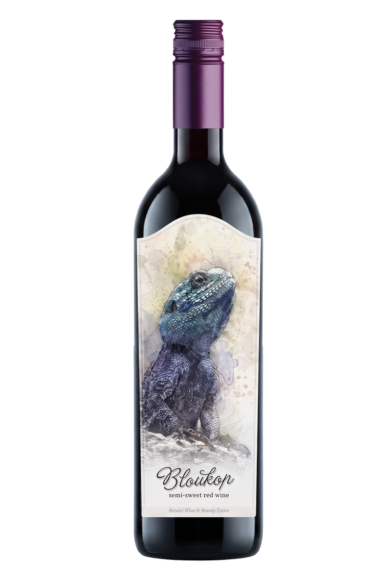 A bottle of Bloukop semi-sweet red wine featuring a custom label with a detailed illustration of a blue and black bearded dragon lizard, set against a plain white background.