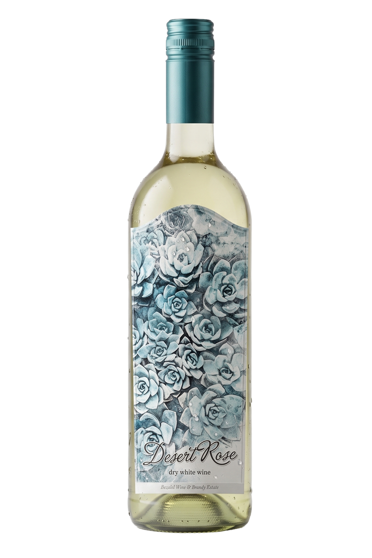 A bottle of Desert Rose dry white wine with a prominent succulent illustration on the label and a teal foil neck wrap, set against a plain white background.
