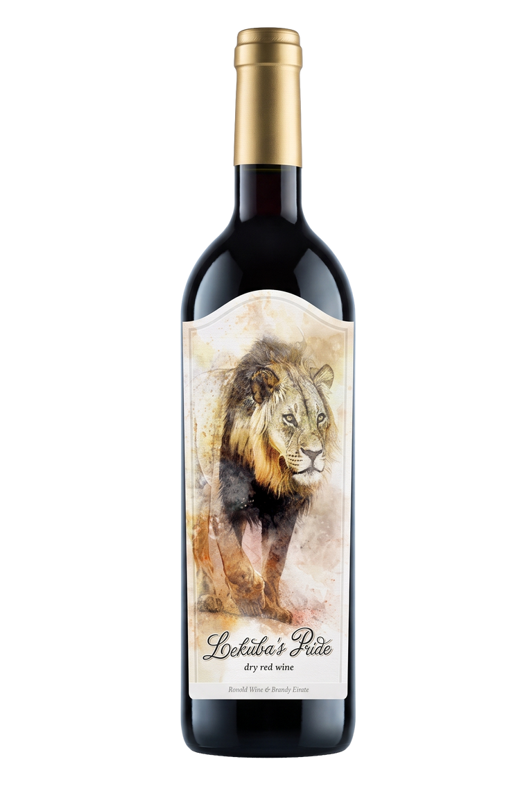 A bottle of Lekuba's Pride dry red wine featuring a watercolor-style label of a lion, with a gold foil cap, set against a plain white background.
