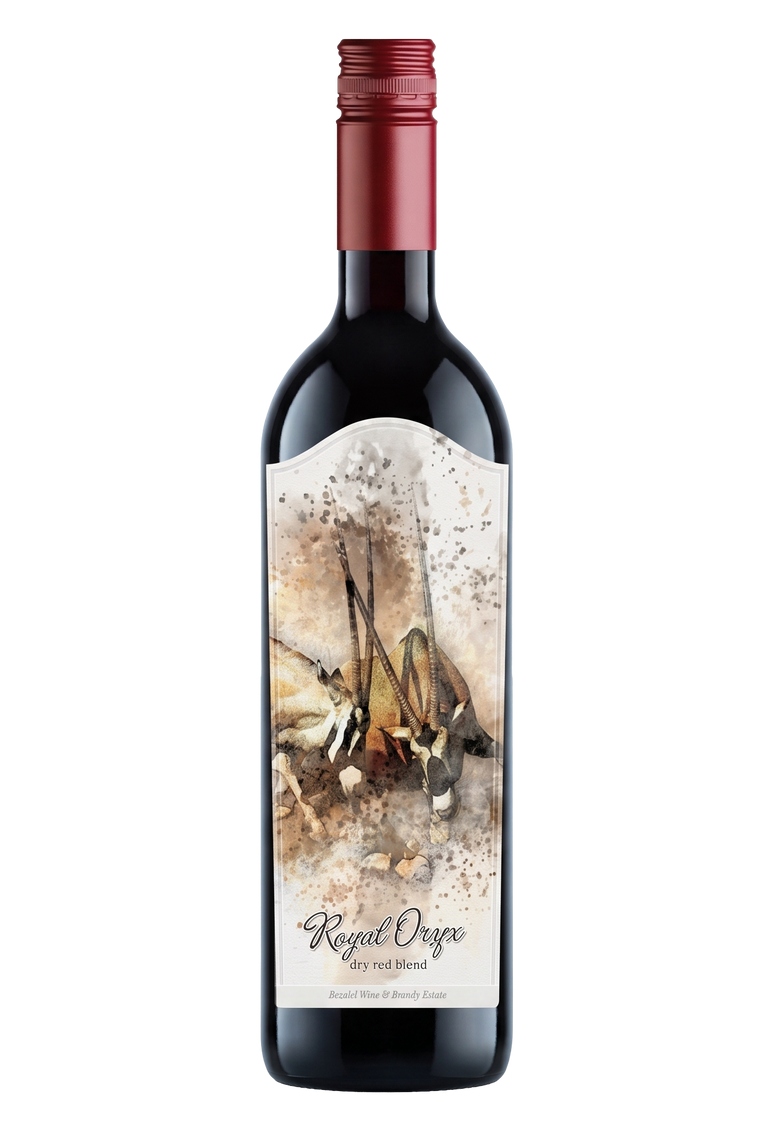 A bottle of Royal Oryx dry red wine, featuring a dark glass bottle with a metallic red foil neck and a cream-colored label decorated with a watercolor-style illustration of a Gemsbok.