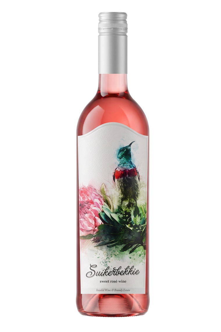 A bottle of pink rosé wine with a white label featuring a colorful watercolor illustration of a bird and pink flowers. The label reads 'Suckerbakkie sweet rosé wine'.